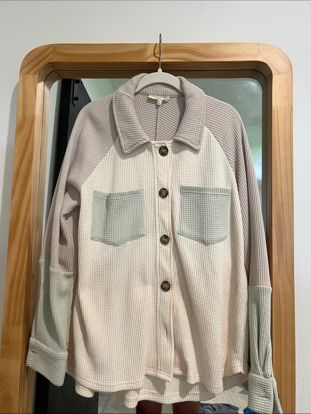 Mystree Cream and Light Gray Colorblock Waffle Button-Up Jacket